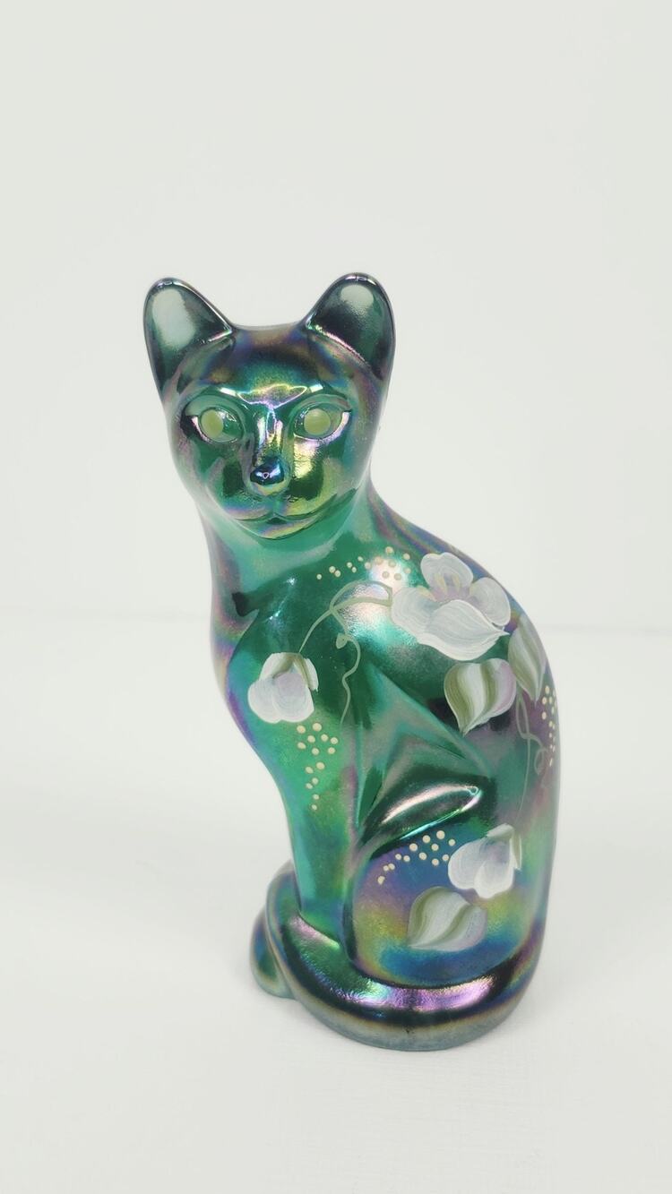 Fenton Glass Hand Painted Signed Iridescent Spruce Green Carnival Cat Figurine